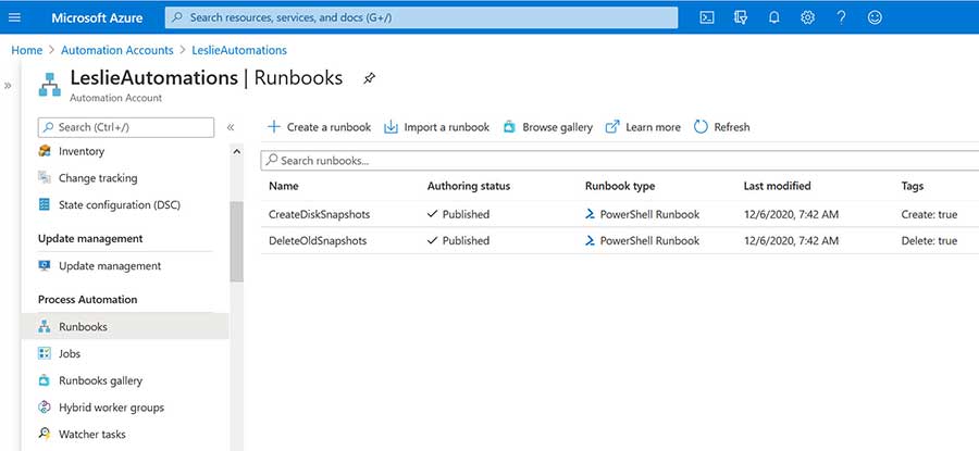 Microsoft Azure Runbook snapshot